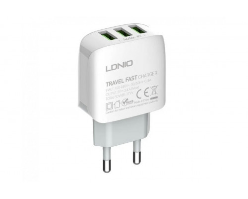 Универсальное зарядное устройство LDNIO A3312,  с кабелем USB на Lightning (Iphone),  3 порта USB,  17W
