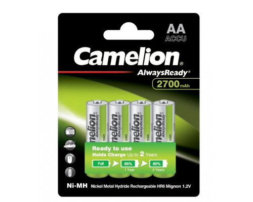 Аккумулятор CAMELION, NH-AA2700ARBP4, AlwaysReady Ni-MH Rechargeable, AA, 1.2V, 2700 mAh, 4 шт. в бл