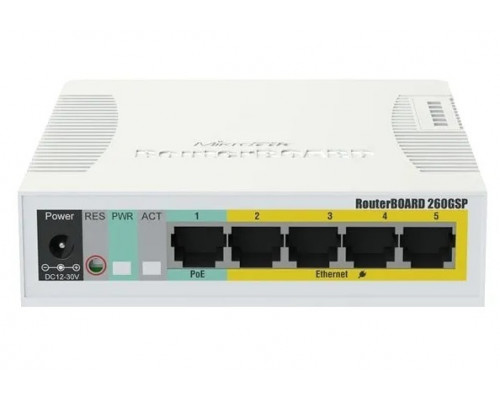 Коммутатор MikroTik RB260GSP  RouterBOARD, PoE 4 порта, Passive PoE, 1 x SFP, 5 портов 10/100/1000 М