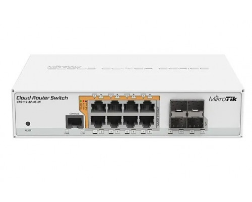 Сетевой коммутатор MikroTik CRS112-8P-4S-IN, QCA8511 400Mhz CPU, 128MB RAM, 8xGigabit LAN with PoE,