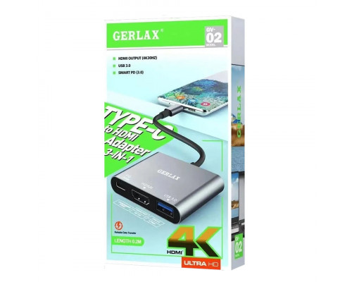 Переходник Gerlax GV-02,  Type-C to HDMI, USB 3.0, PD Charge,  длина кабеля 0, 20м,  черный