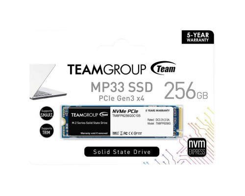 Винчестер SSD Team Group MP33, 256Gb, NVMe M2, R1600 Mb/s, W1300 Mb/s, TM8FP6256G0C101, PCIe 3.0 x4