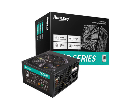 Блок питания HuntKey, ECO650, 650 W, 1 Fan (120 мм), 20+4 pin, 2*4+4pin, PCI-E x 2, SATA x 3, IDE x