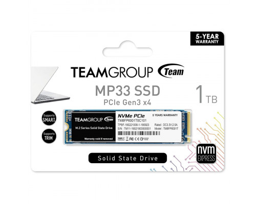 Винчестер SSD Team Group MP33, 1TB, NVMe M2, R1800 Mb/s, W1500 Mb/s, TM8FP6001T0C101, PCIe 3.0 x4