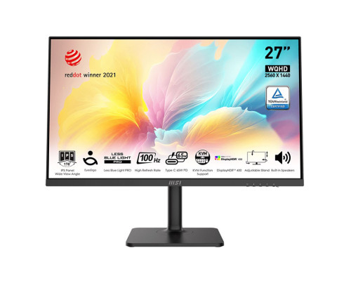 Монитор MSI 27" Modern MD272QXP IPS 2560х1440 100Hz 1ms 400cd/m 100млн 1xDP Type-C 1xHDMI 2x2W Чёрны