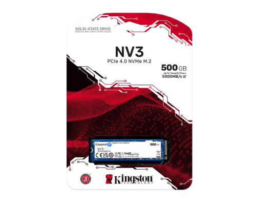 Винчестер SSD Kingston 500Gb, NV3, NVMe PCIe 4.0x4, R5000 Mb/s, W3000 Mb/s, SNV3S/500G