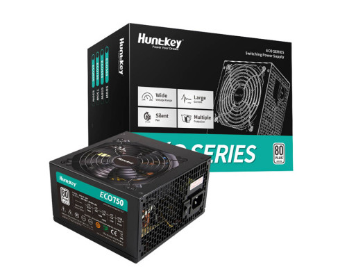 Блок питания HuntKey, ECO750, 750 W, 1 Fan (120 мм), 20+4 pin, 2*4+4pin, PCI-E x 2, SATA x 3, IDE x