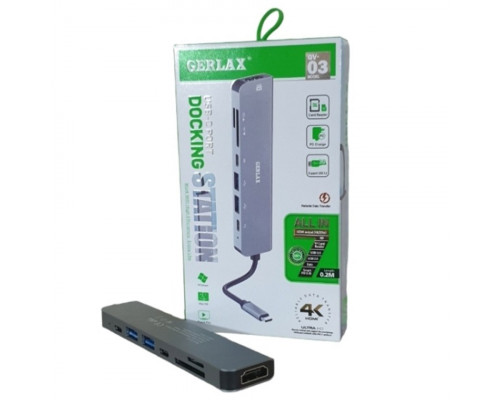 Док-станция Gerlax GV-03, Вход:USB Type-C, Выход:2xUSB-C, 1xUSB 3.0, 1xUSB 2.0, 1xHDMI 4K, 1xSD, 1xT