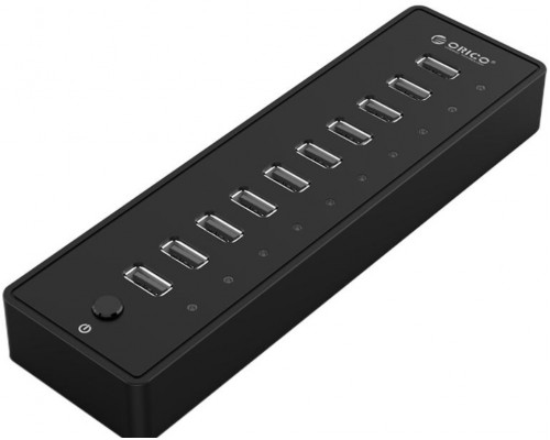 Расширитель USB Orico P10-U2-V1-EU-BK-BP, Вход:USB 2.0, Выход:10xUSB 2.0, кабель 1 м, чёрный