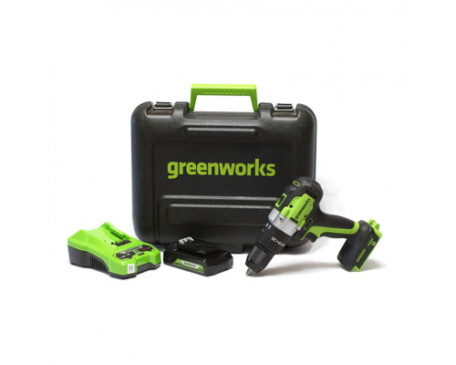 Дрель-шуруповерт аккумуляторная Greenworks, 3704107UA (GD24DD60K2), 24V, c 1хАКБ 2 Ач и ЗУ в кейсе